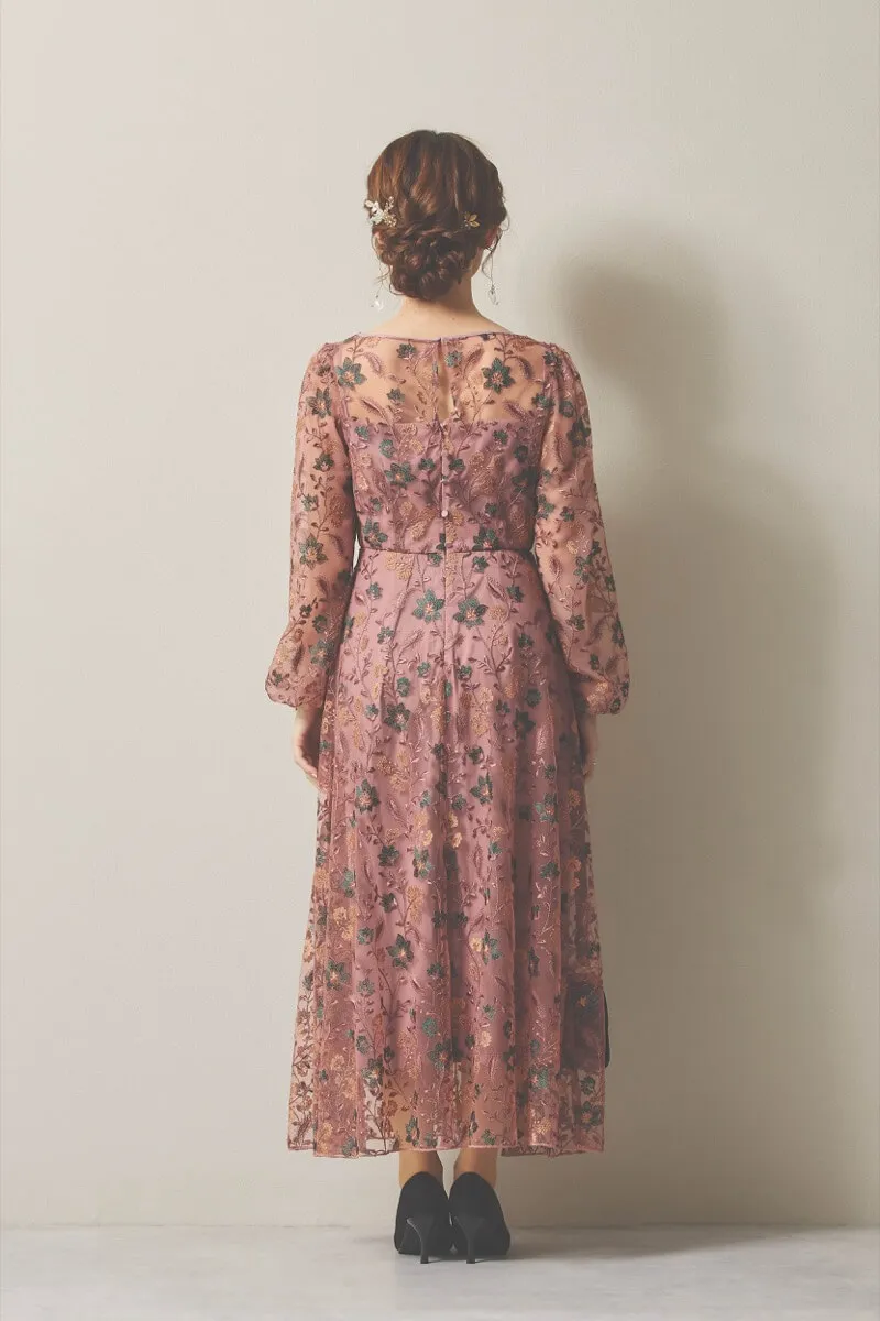 ピンクのフラワーエンブロイダリーオーガンジードレス