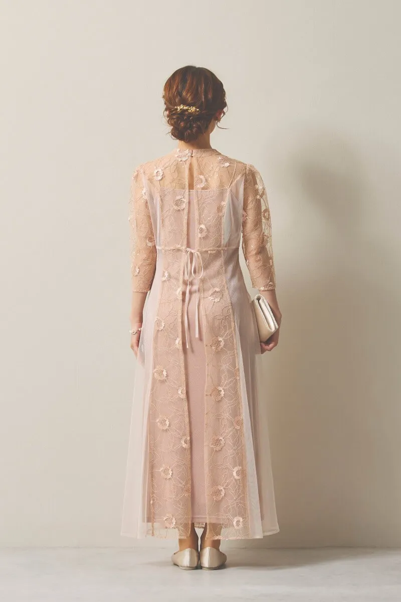 オレンジのシャイニーコードレースドレス