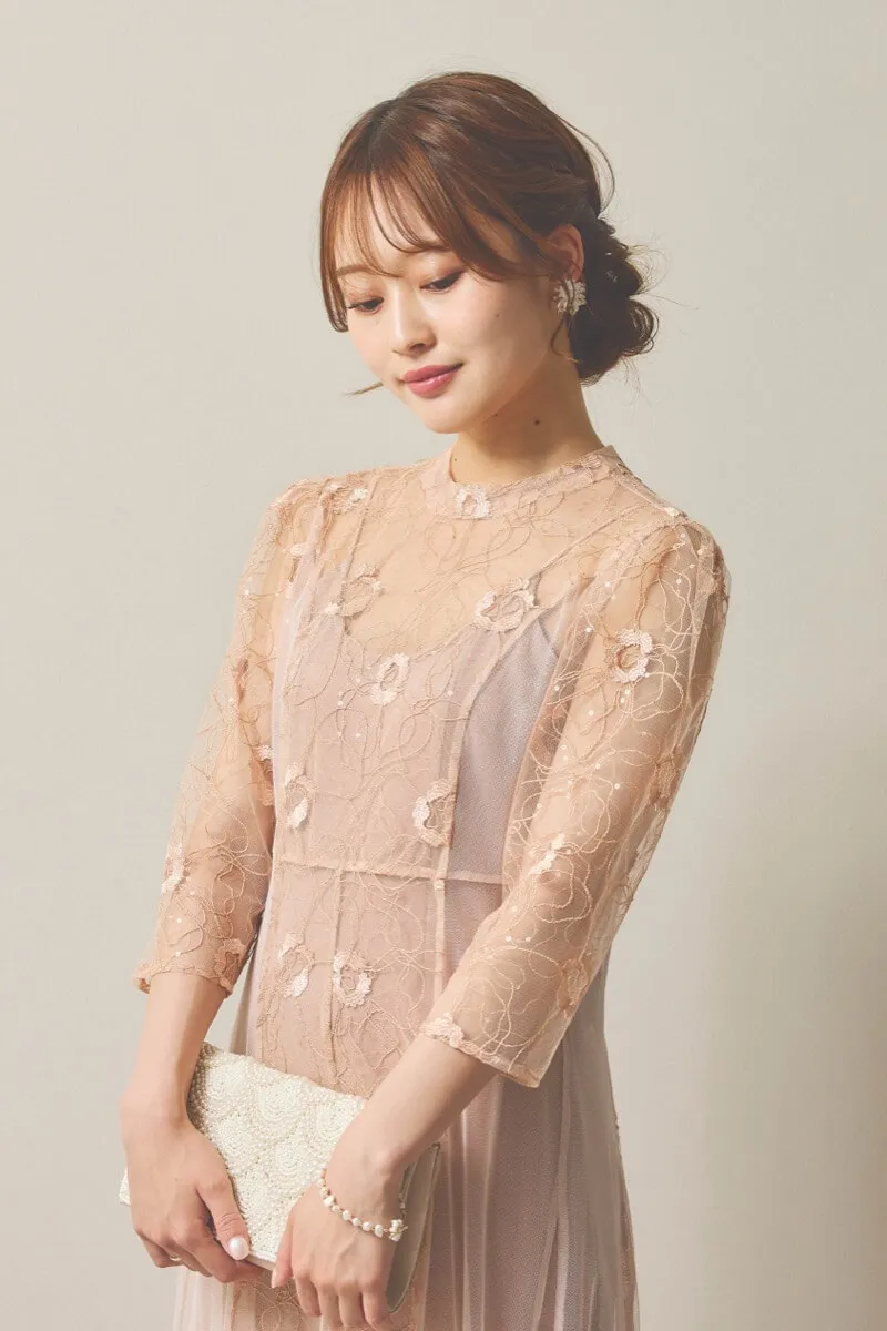 オレンジのシャイニーコードレースドレス