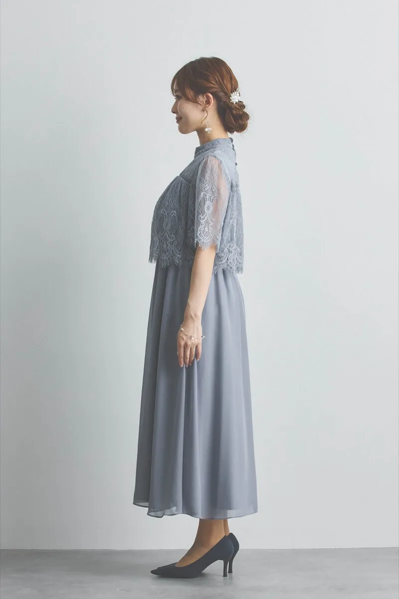 ブルーグレーの授乳口付きハイネックレースドレス