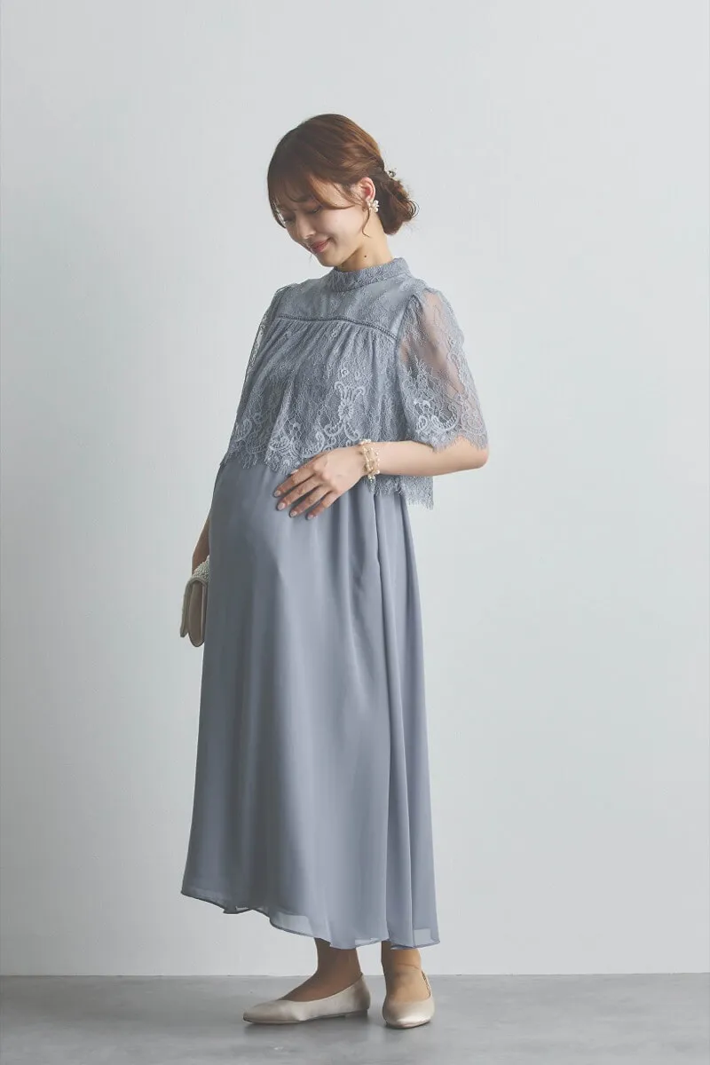 ブルーグレーの授乳口付きハイネックレースドレス