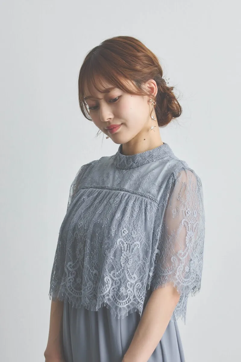 ブルーグレーの授乳口付きハイネックレースドレス