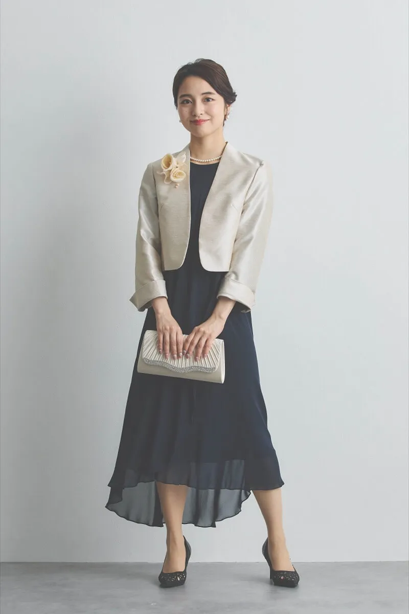 ネイビーのアシンメトリーシフォンドレス [ 店頭販売価格 55,000円 ]