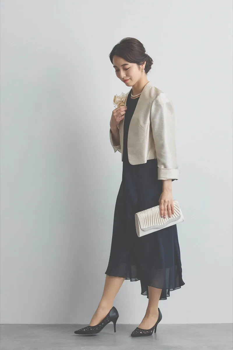 ネイビーのアシンメトリーシフォンドレス [ 店頭販売価格 55,000円 ]