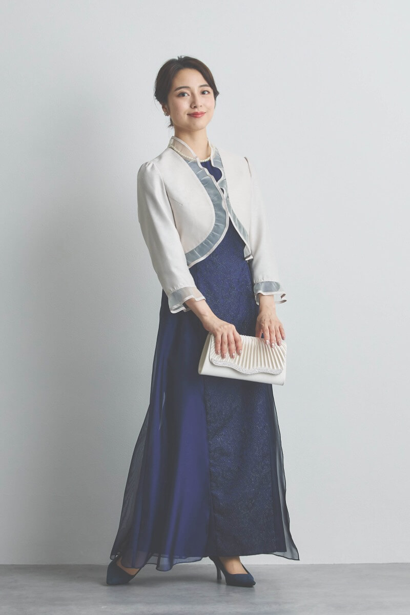 ネイビーのラメ刺繍シフォン切替ロングドレス [ 店頭販売価格 56,100円 ]