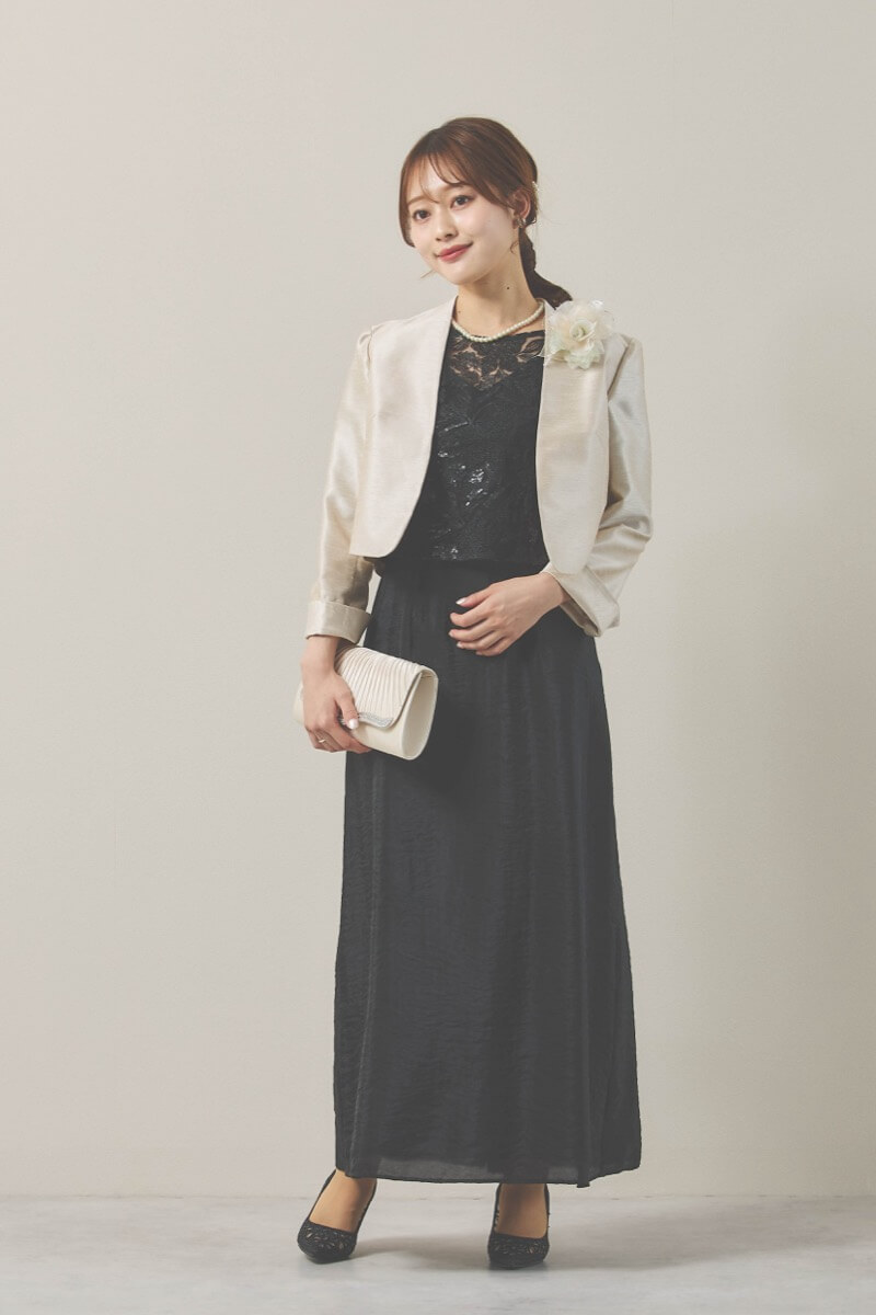 ブラックのシャイニートップスサテンドレス [ 店頭販売価格 38,500円 ]