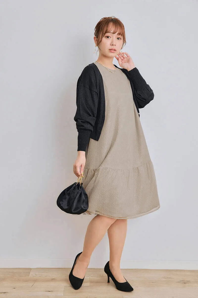 ベージュのメロンチュールショートドレス