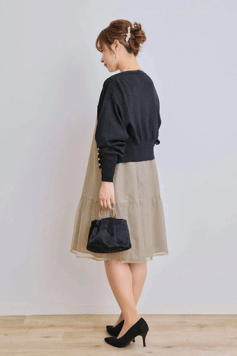 ベージュのメロンチュールショートドレス