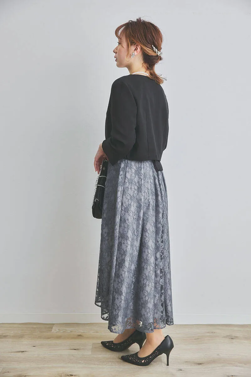 ブルーグレーの総レースフィッシュテールドレス