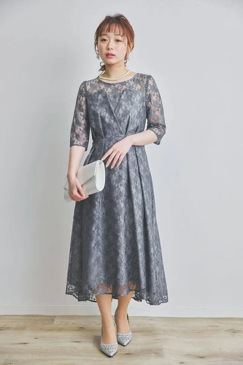 ブルーグレーの総レースフィッシュテールドレス