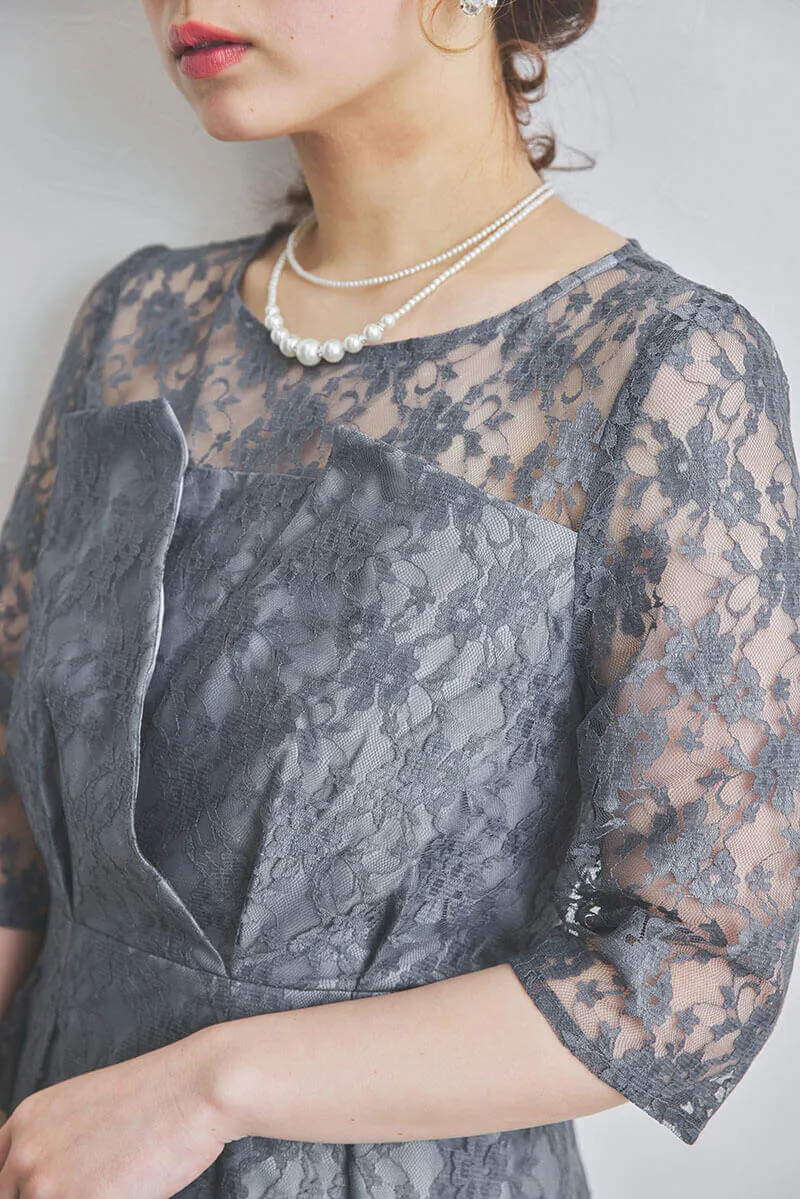 ブルーグレーの総レースフィッシュテールドレス