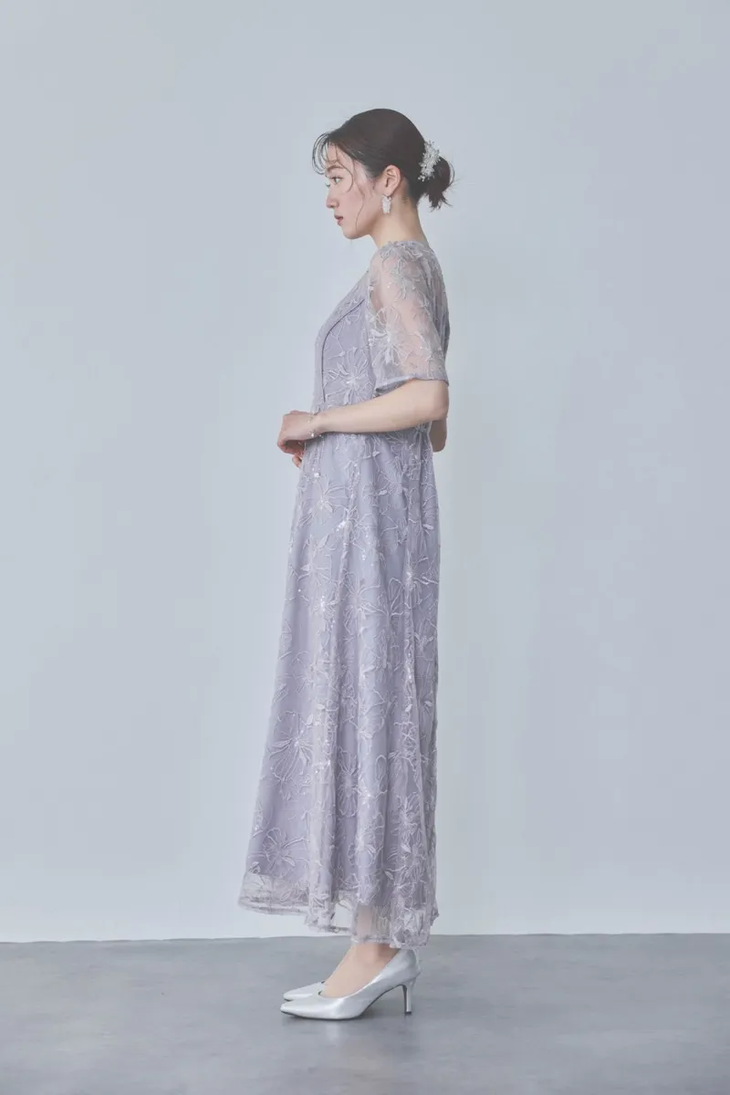 ラベンダーのビオラモチーフ刺繍ドレス