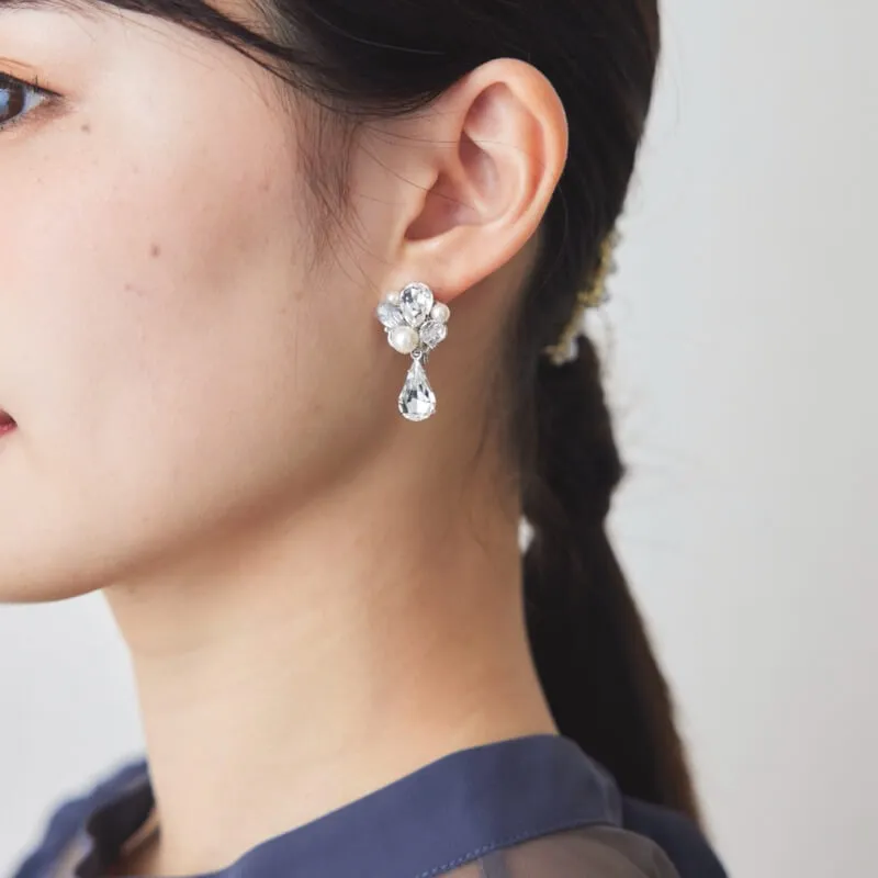 しずくビジュー×パールイヤリング(シルバー)