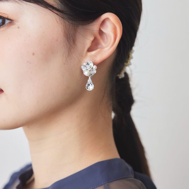 しずくビジュー×パールイヤリング(シルバー)