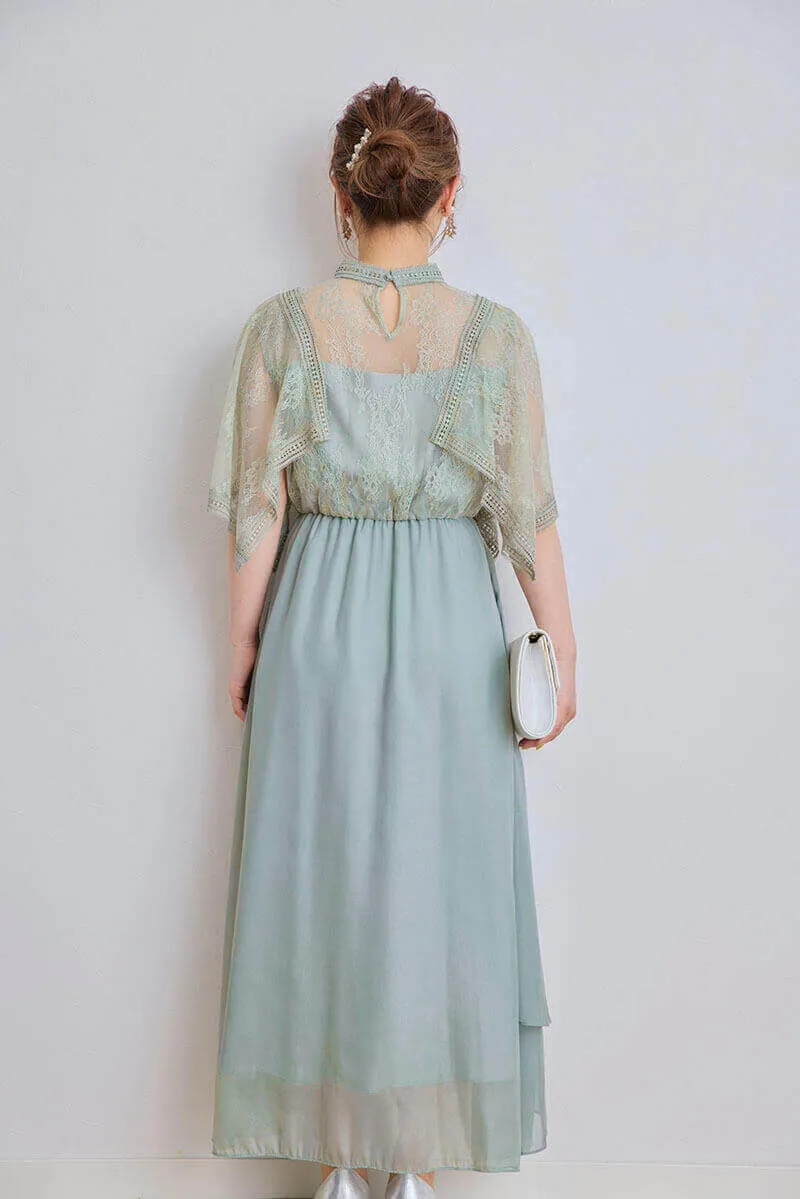 ライトグリーンのハンカチスリーブシフォンドレス