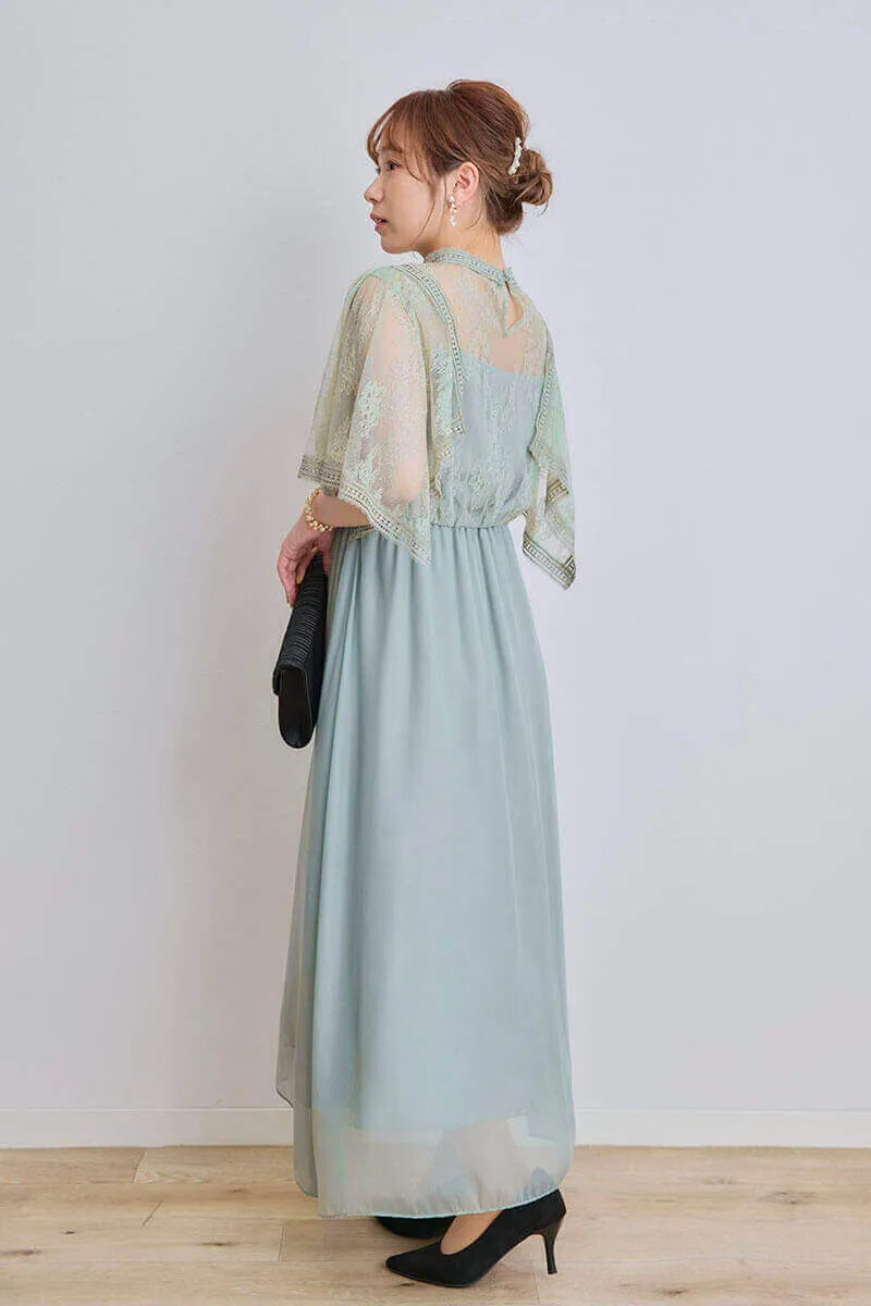ライトグリーンのハンカチスリーブシフォンドレス