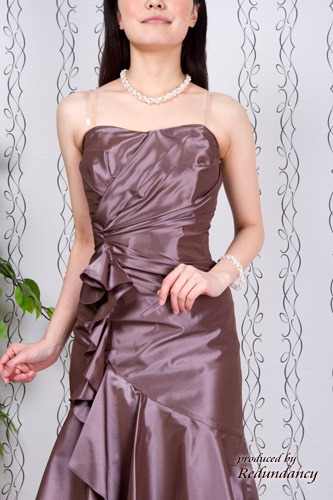 ブラウンのベアトップフリルマーメイドドレスコーディネートセット