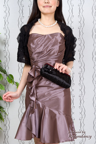 ブラウンのベアトップフリルマーメイドドレスコーディネートセット