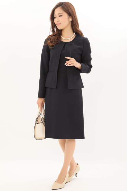 ネイビーのツイードノーカラーセレモニースーツセット