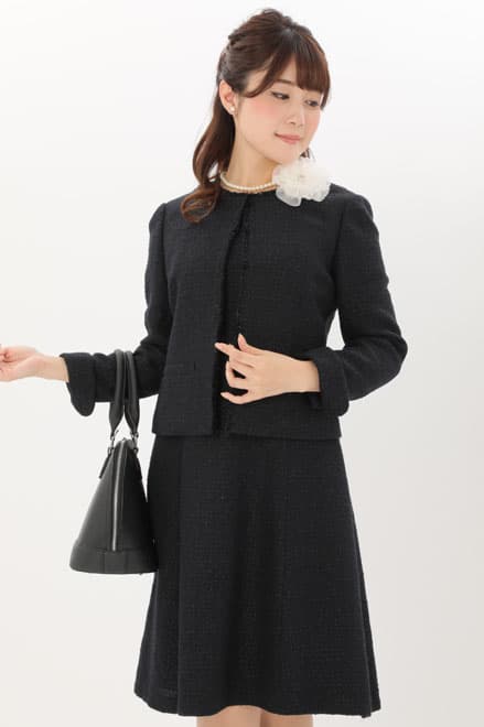 ネイビー×ラメ入りツイードのAラインセレモニースーツセット