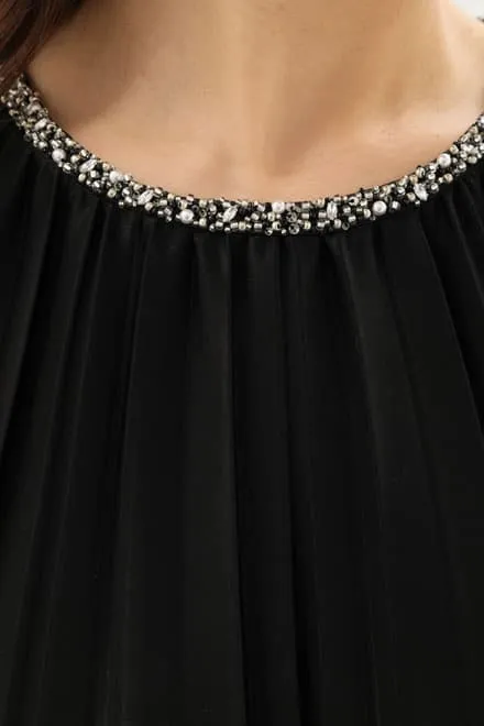 ブラックのプリーツワンピースフリンジジャケット付きセレモニースーツセット