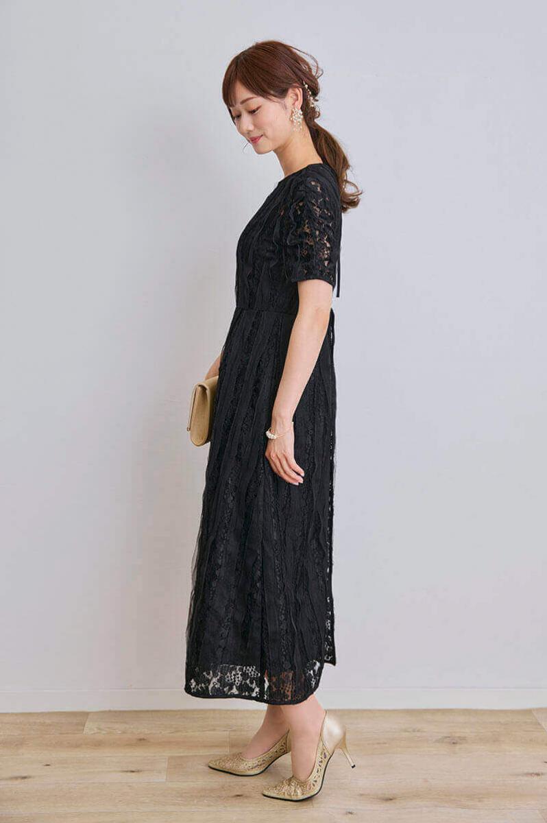 ブラックのリボンチュールエプロンドレス