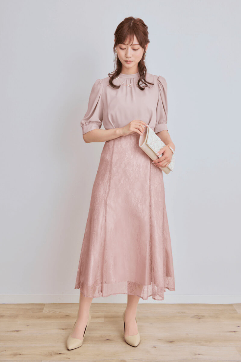 ピンクのプチハイネックマーメイドドレス