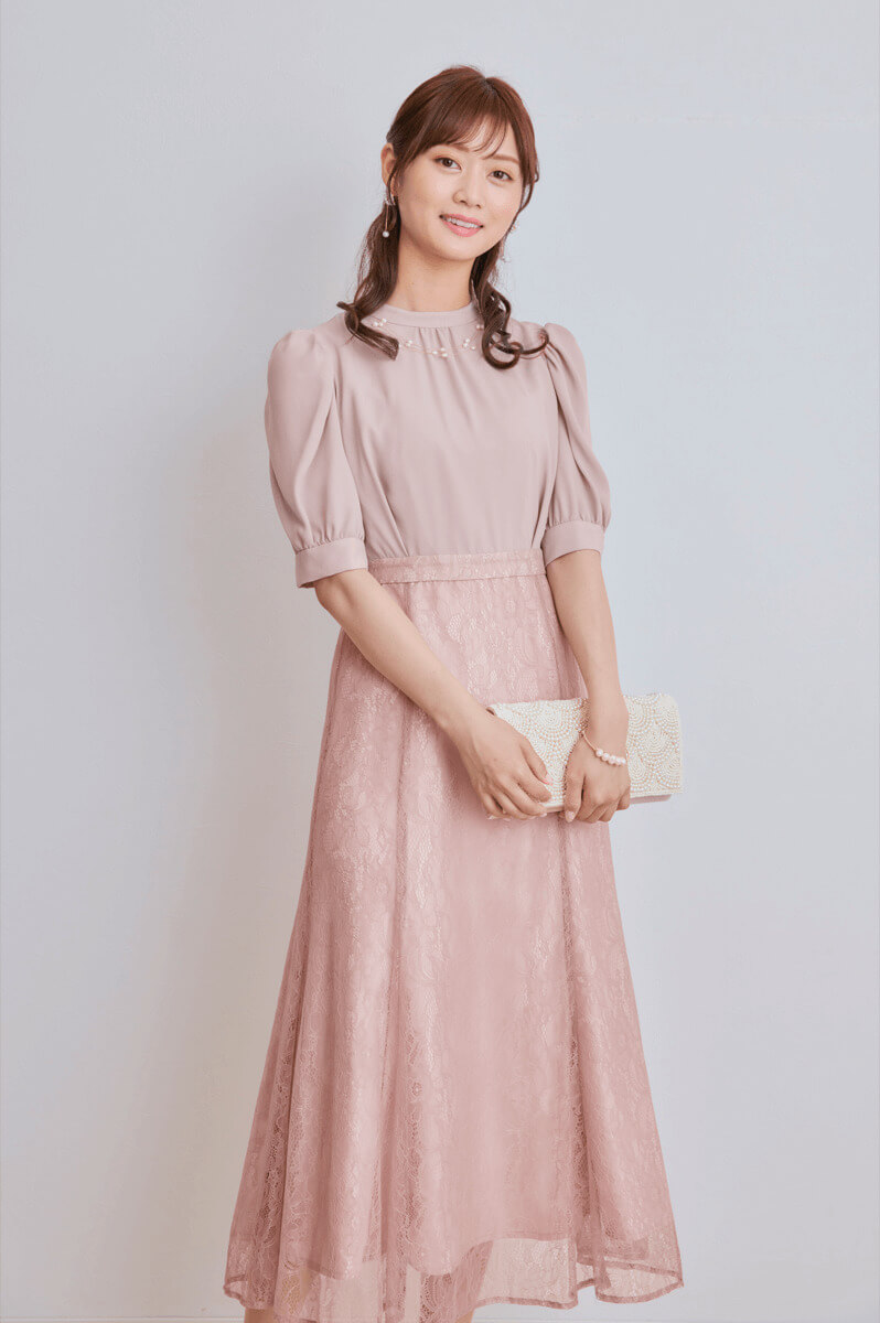 ピンクのプチハイネックマーメイドドレス