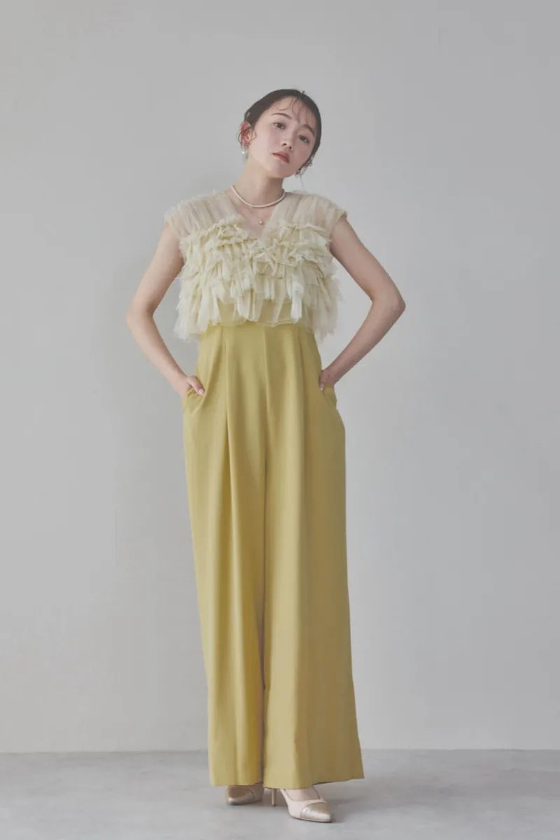 イエローチュールフリルオールインワンドレス