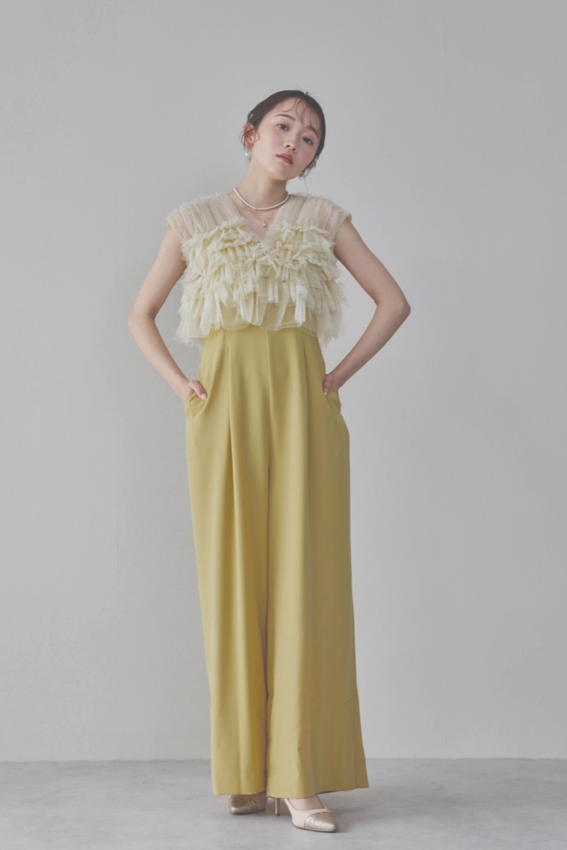 イエローチュールフリルオールインワンドレス