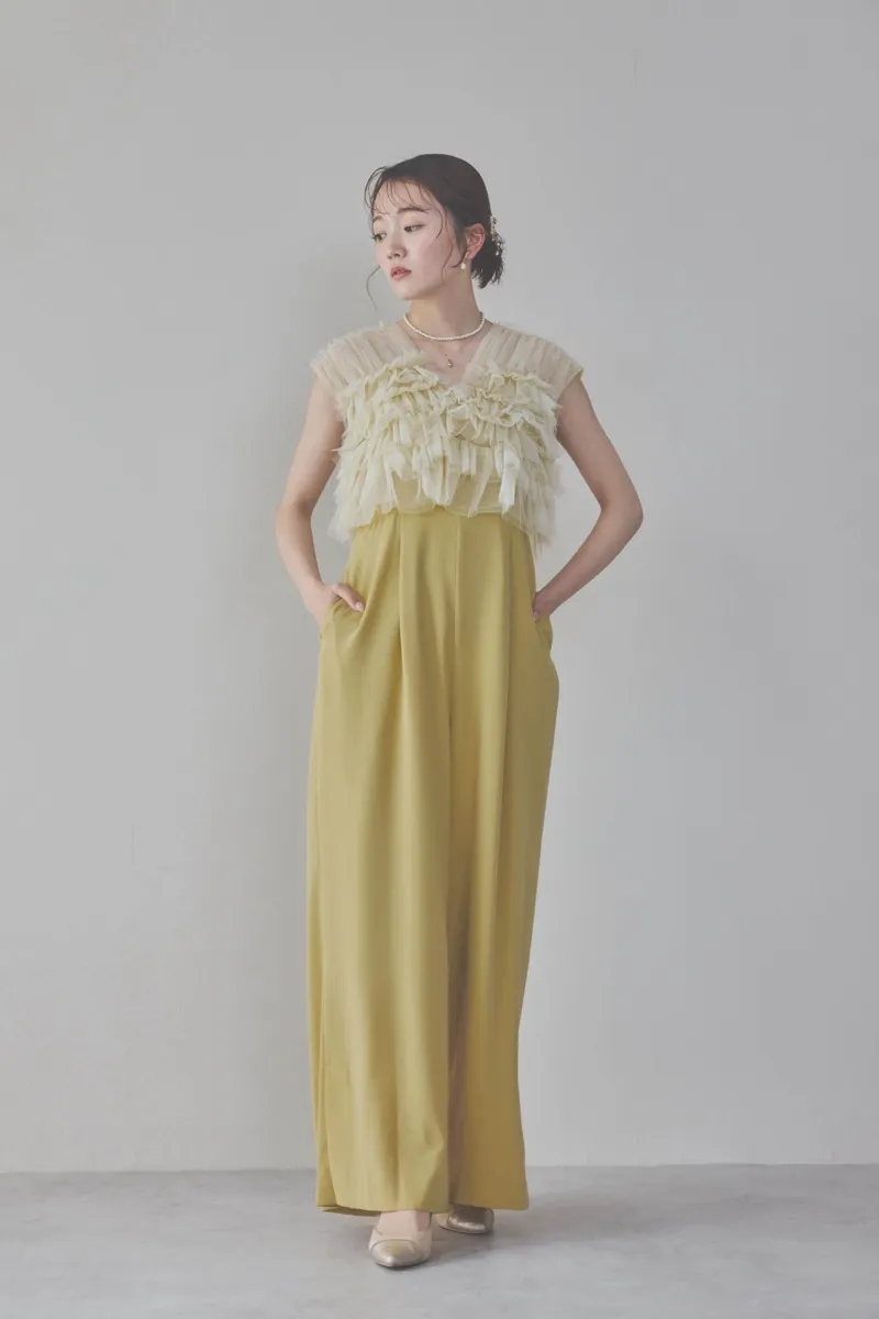 イエローチュールフリルオールインワンドレス