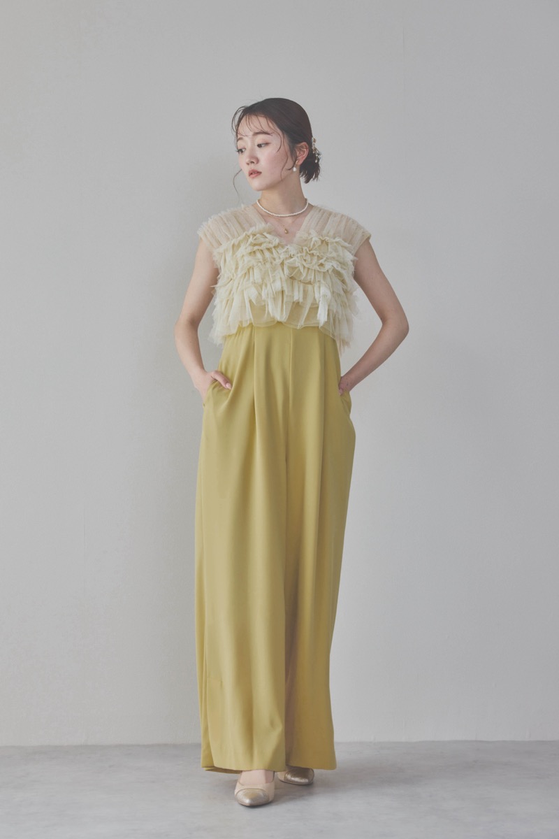 イエローチュールフリルオールインワンドレス