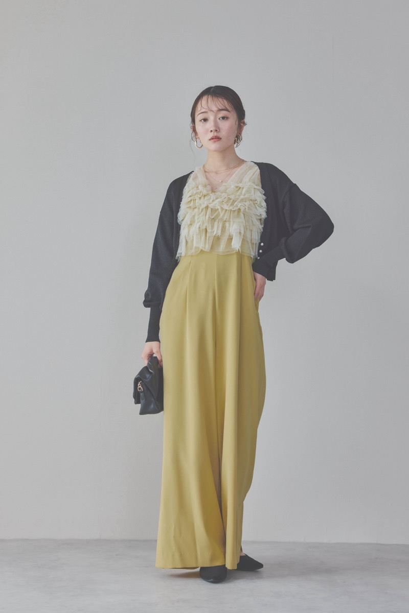 イエローチュールフリルオールインワンドレス