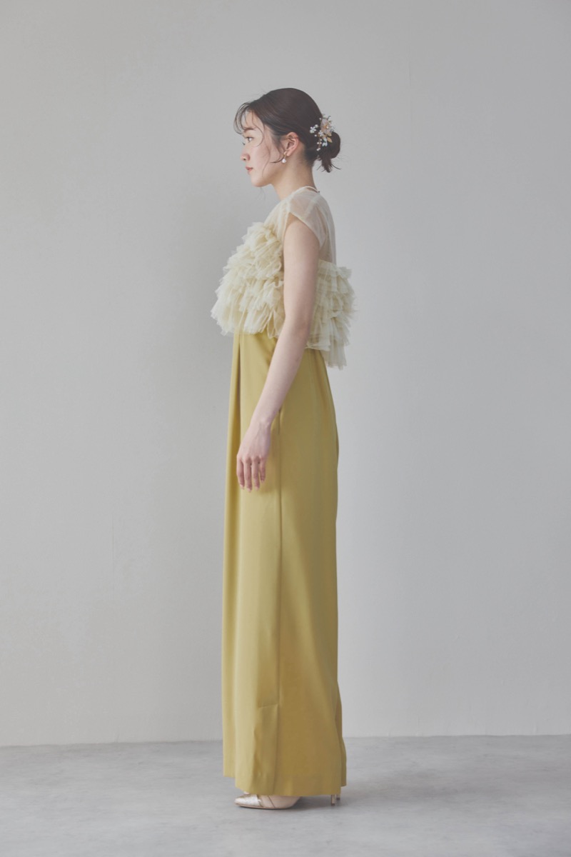 イエローチュールフリルオールインワンドレス