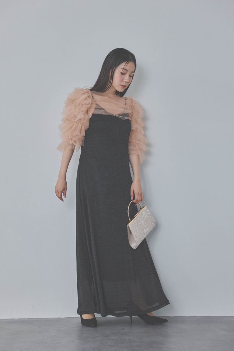 ブラックのティアードフリルボレロドレス