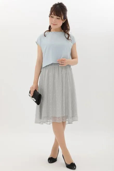 ブルーのビジュートップス付き2wayレースドレス