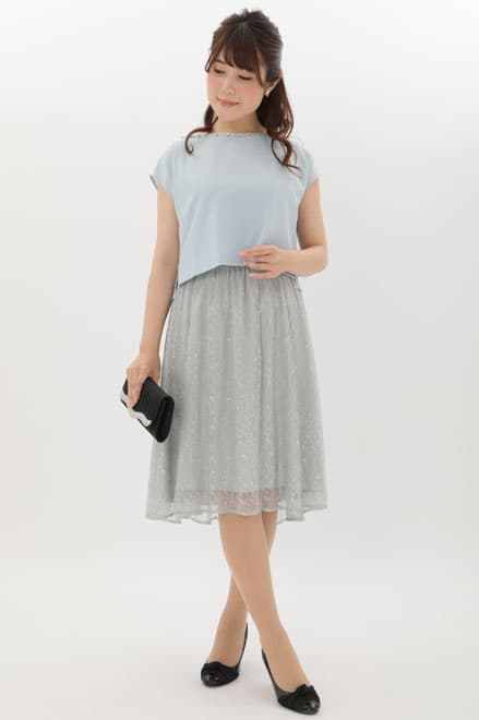 ブルーのビジュートップス付き2wayレースドレス