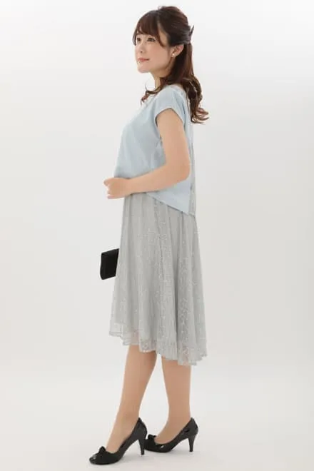 ブルーのビジュートップス付き2wayレースドレス