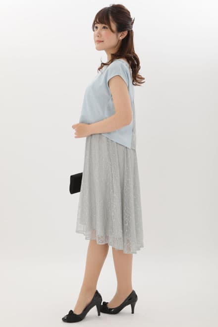 ブルーのビジュートップス付き2wayレースドレス