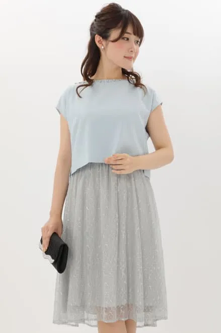 ブルーのビジュートップス付き2wayレースドレス