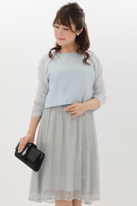 ブルーのビジュートップス付き2wayレースドレス