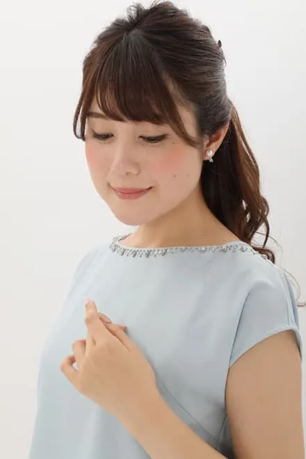 ブルーのビジュートップス付き2wayレースドレス