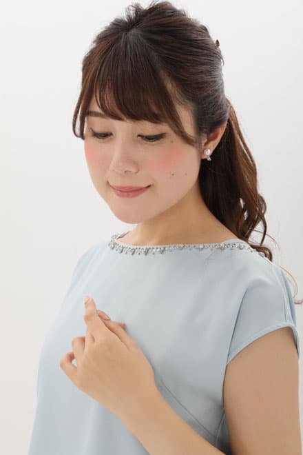 ブルーのビジュートップス付き2wayレースドレス