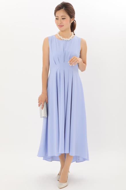 ブルーのウエスト切替フィッシュアンドテールドレス