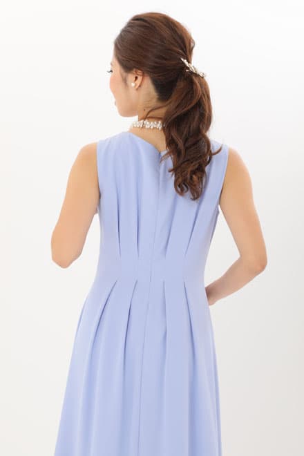 ブルーのウエスト切替フィッシュアンドテールドレス