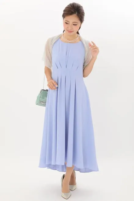 ブルーのウエスト切替フィッシュアンドテールドレス