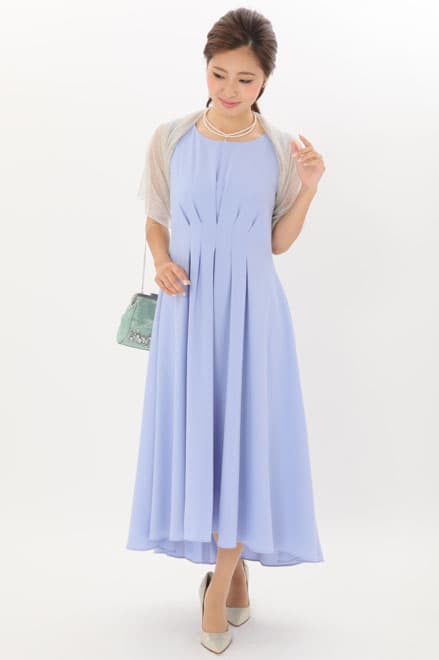 ブルーのウエスト切替フィッシュアンドテールドレス