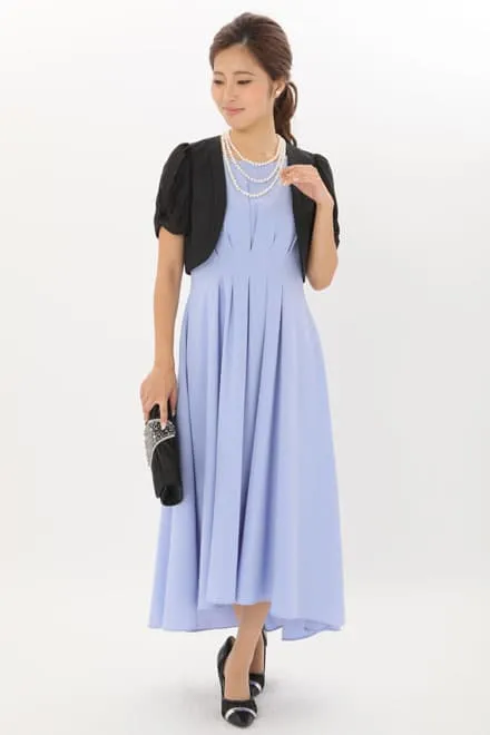 ブルーのウエスト切替フィッシュアンドテールドレス