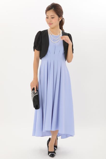 ブルーのウエスト切替フィッシュアンドテールドレス