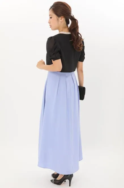 ブルーのウエスト切替フィッシュアンドテールドレス